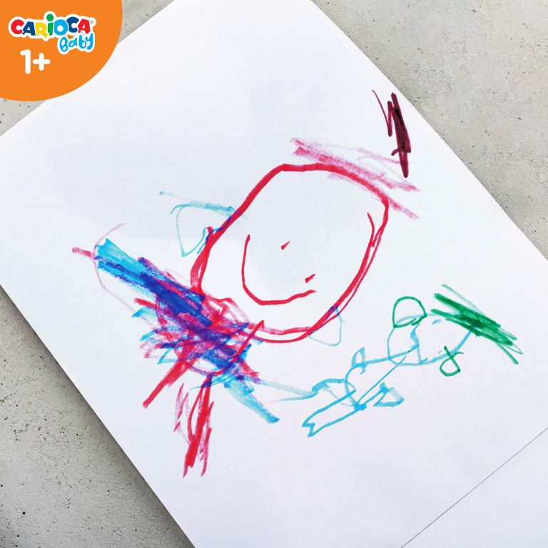Intensywnie kolorowy rysunek rocznego dziecka pokazujący pierwsze kształty namalowane pisakami Misiakami Carioca Baby.